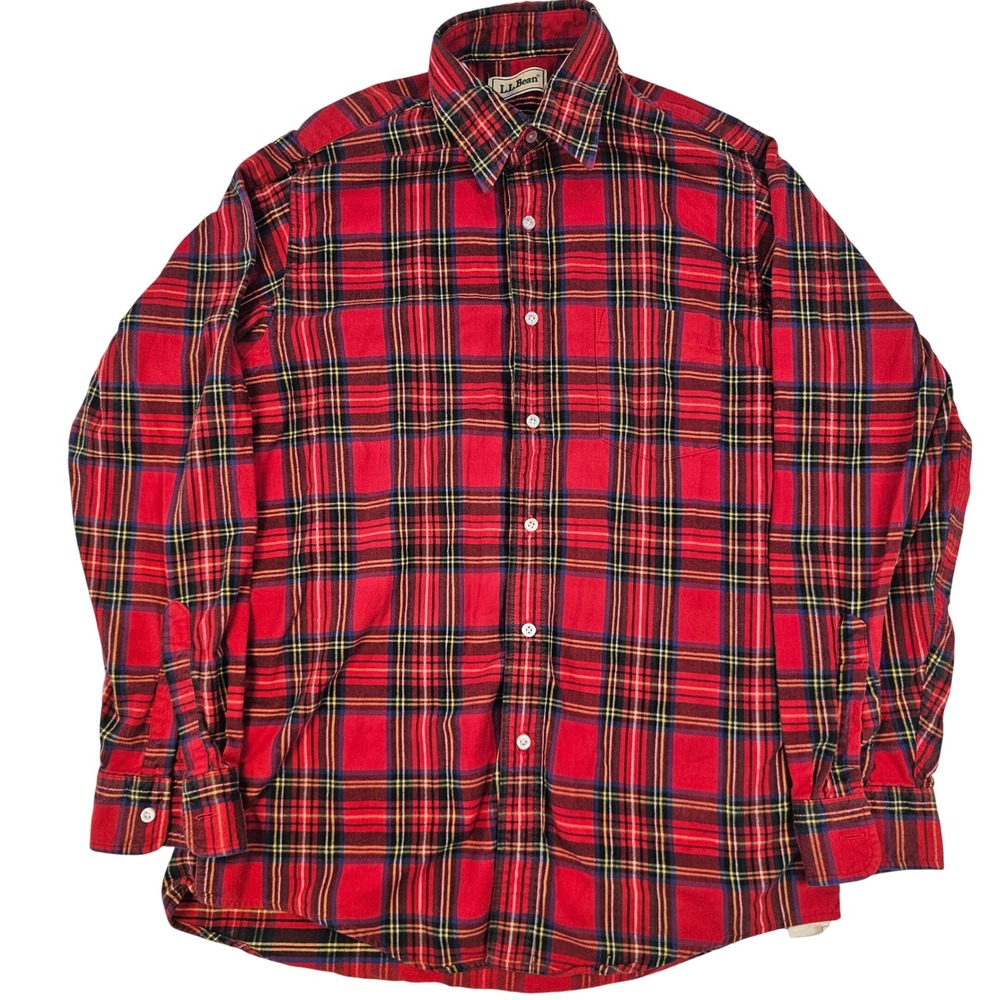 LL Bean Mens Flannel Shirt Medium Red Tartan Plaid Cotton ButtonDown Long Sleeve